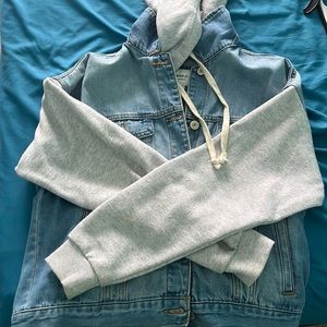Denim Jacket With Sweatshirt Sleeves And Hood, Detatchable Hood